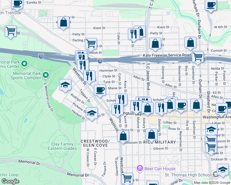 map of restaurants, bars, coffee shops, grocery stores, and more near 6012 Truro Street in Houston