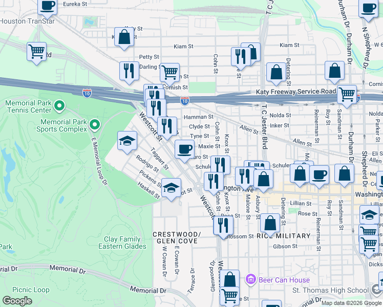 map of restaurants, bars, coffee shops, grocery stores, and more near 6118 Truro Street in Houston