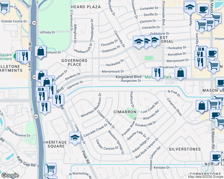 map of restaurants, bars, coffee shops, grocery stores, and more near 22754 Red River Drive in Katy