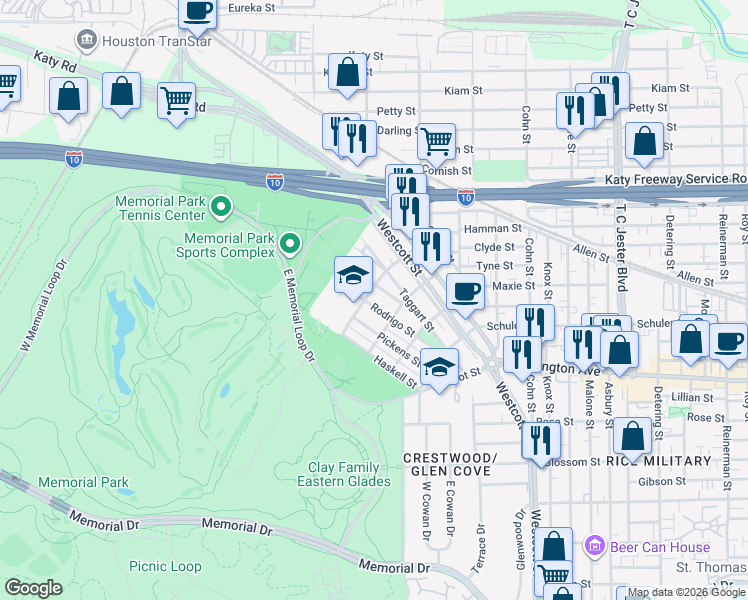 map of restaurants, bars, coffee shops, grocery stores, and more near 6518 Rodrigo Street in Houston