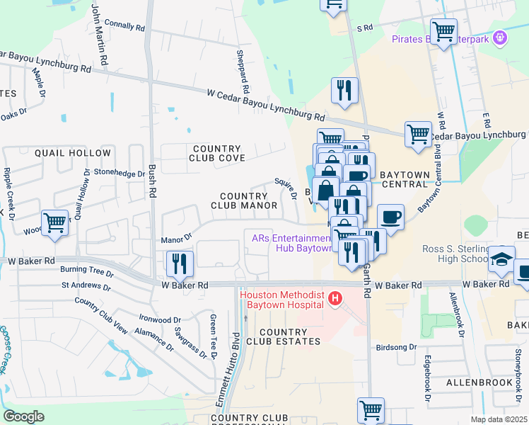 map of restaurants, bars, coffee shops, grocery stores, and more near 4507 Crown Lane in Baytown