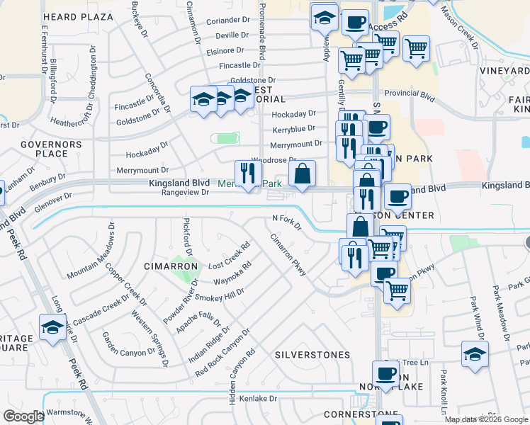 map of restaurants, bars, coffee shops, grocery stores, and more near 22222 North Fork Drive in Katy