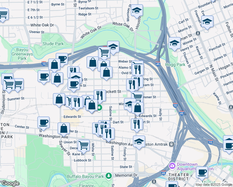 map of restaurants, bars, coffee shops, grocery stores, and more near 1621 Crockett Street in Houston