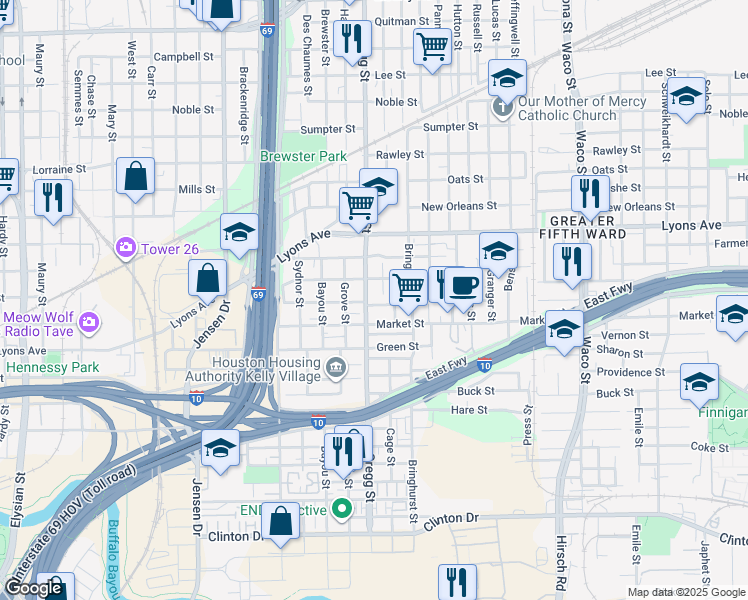 map of restaurants, bars, coffee shops, grocery stores, and more near 3405 Stonewall Street in Houston