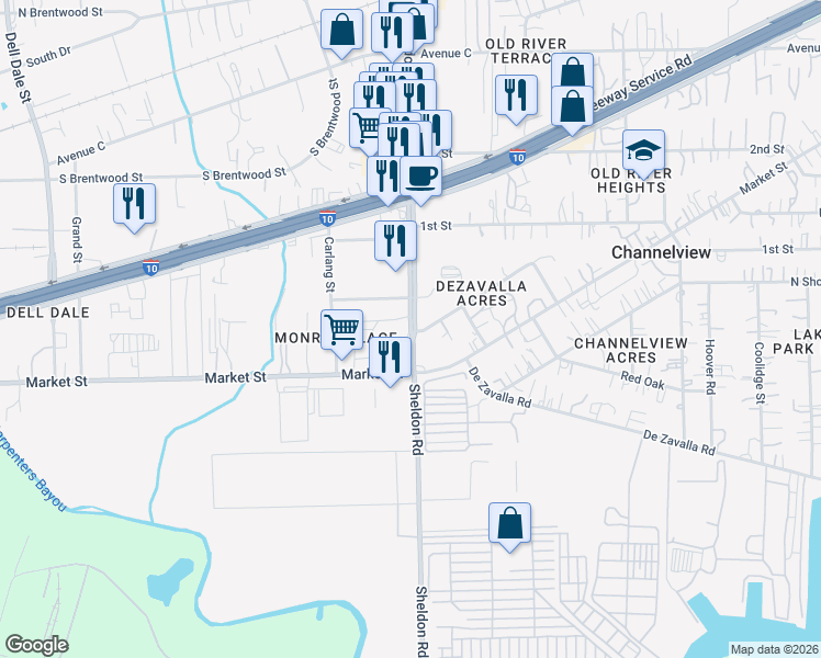 map of restaurants, bars, coffee shops, grocery stores, and more near 209 Sheldon Rd in Channelview