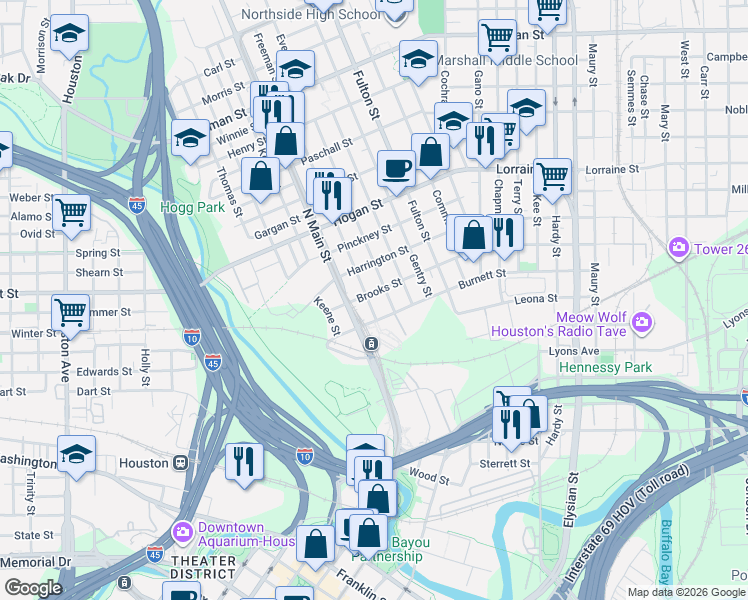 map of restaurants, bars, coffee shops, grocery stores, and more near 616 Brooks Street in Houston