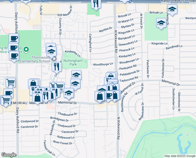 map of restaurants, bars, coffee shops, grocery stores, and more near 777 Bateswood Drive in Houston