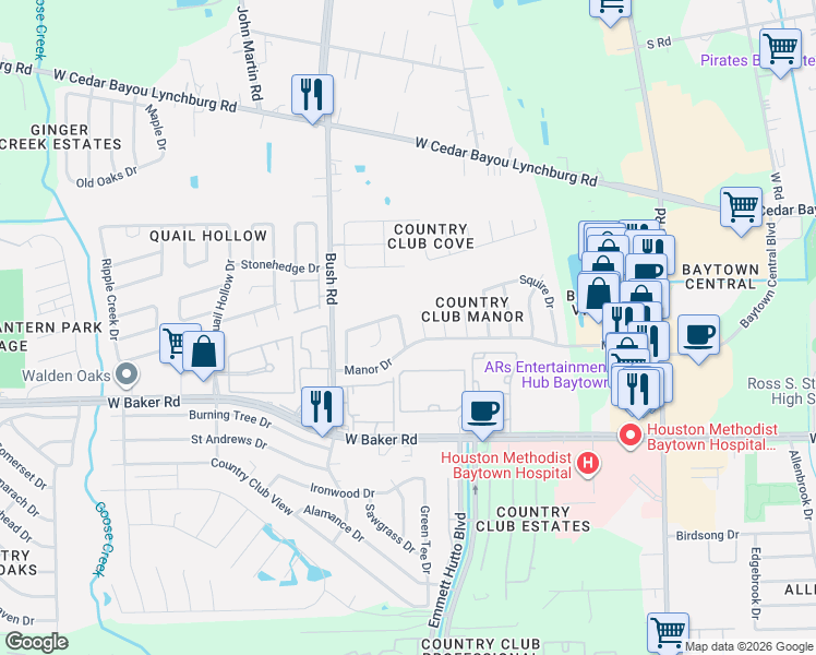map of restaurants, bars, coffee shops, grocery stores, and more near 4518 Regal Dr in Baytown