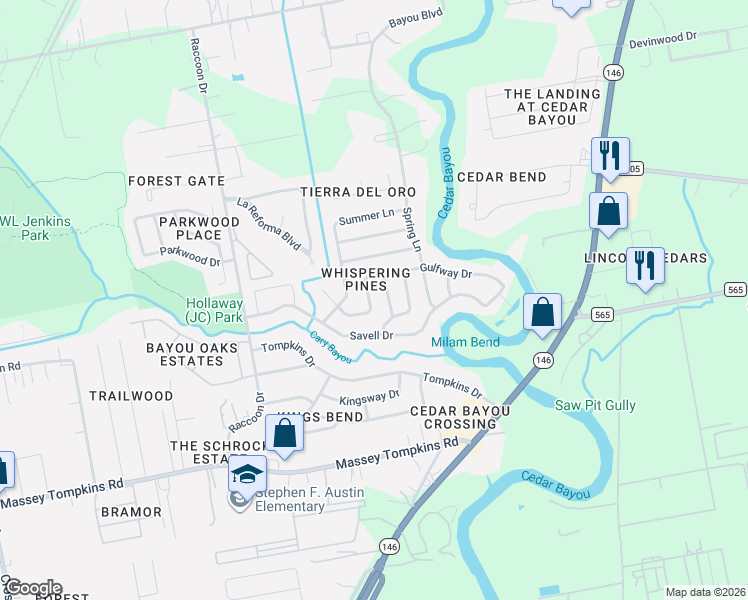 map of restaurants, bars, coffee shops, grocery stores, and more near 3703 Autumn Lane in Baytown