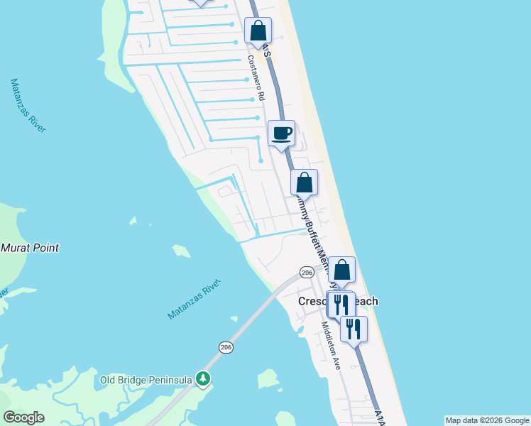 map of restaurants, bars, coffee shops, grocery stores, and more near 6573 Brevard Street in Saint Augustine