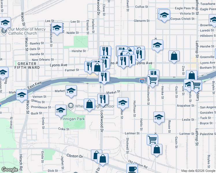 map of restaurants, bars, coffee shops, grocery stores, and more near 5526 Stonewall Street in Houston