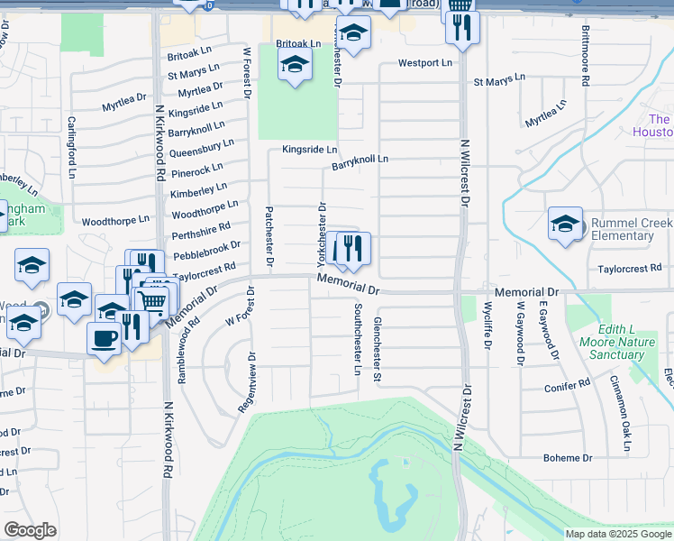 map of restaurants, bars, coffee shops, grocery stores, and more near 13623 Taylorcrest Road in Houston