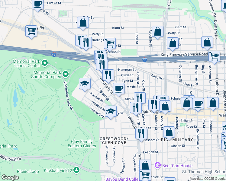 map of restaurants, bars, coffee shops, grocery stores, and more near 6307 Washington Avenue in Houston