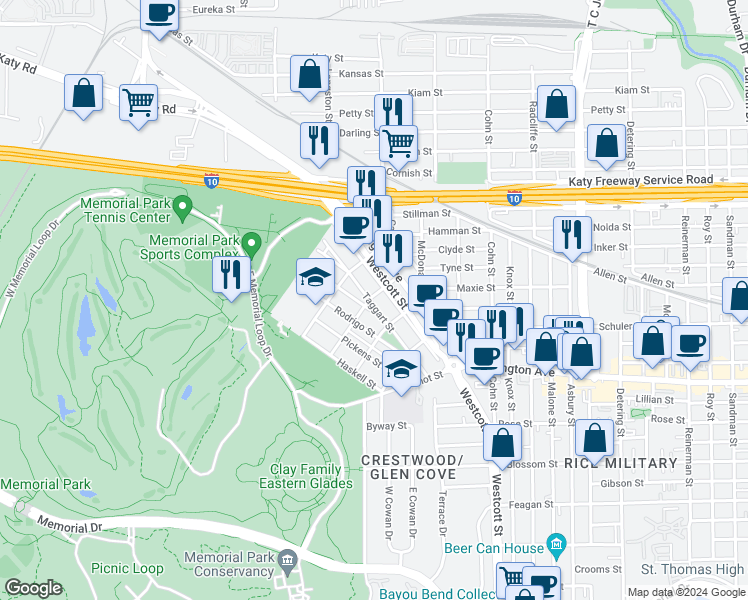 map of restaurants, bars, coffee shops, grocery stores, and more near 6416 Taggart Street in Houston
