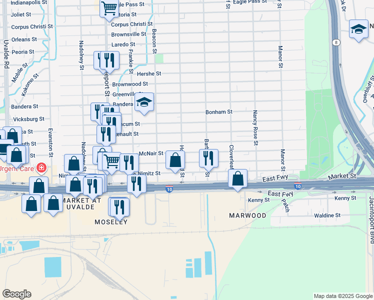 map of restaurants, bars, coffee shops, grocery stores, and more near 14217 McNair Street in Houston