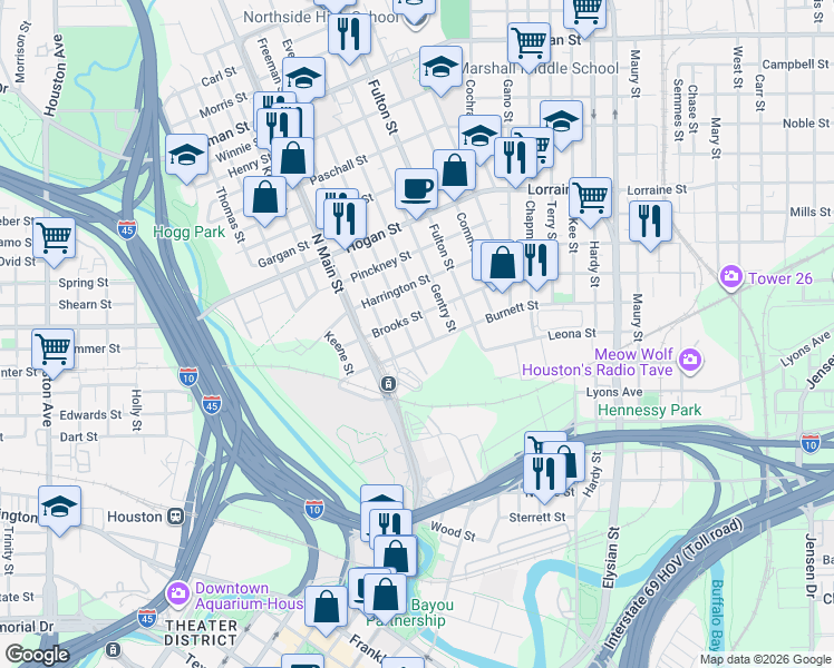 map of restaurants, bars, coffee shops, grocery stores, and more near 1503 Chestnut Street in Houston