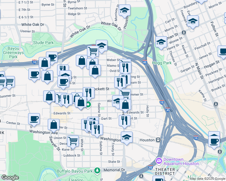 map of restaurants, bars, coffee shops, grocery stores, and more near 1621 Crockett Street in Houston