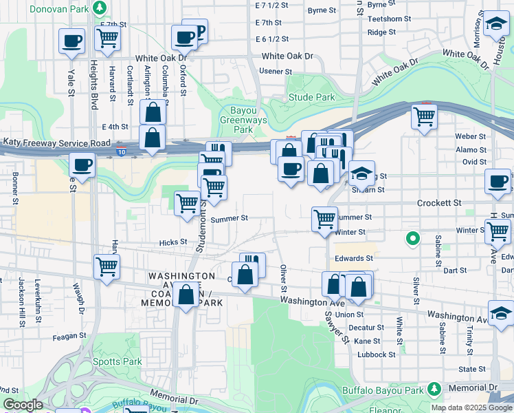 map of restaurants, bars, coffee shops, grocery stores, and more near 1701 Oliver Street in Houston