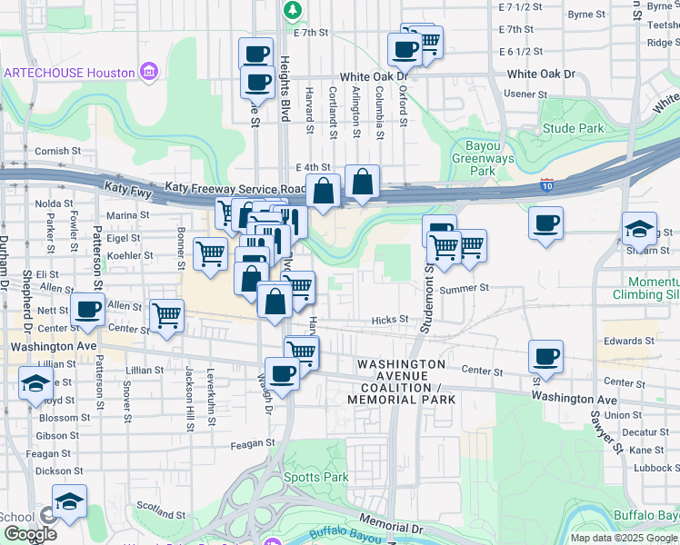 map of restaurants, bars, coffee shops, grocery stores, and more near 1439 Wagner Street in Houston