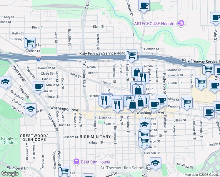 map of restaurants, bars, coffee shops, grocery stores, and more near 1316 Reinerman Street in Houston