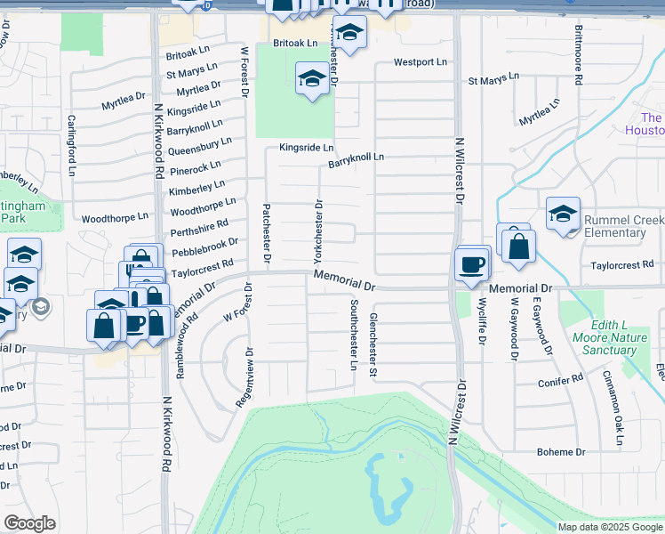 map of restaurants, bars, coffee shops, grocery stores, and more near 13623 Taylorcrest Road in Houston