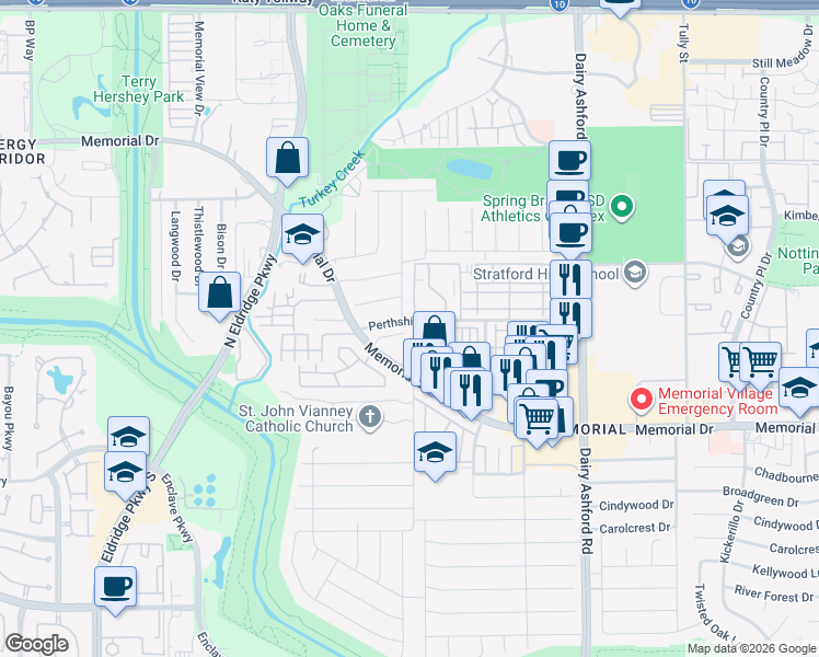 map of restaurants, bars, coffee shops, grocery stores, and more near 14855 Perthshire Road in Houston