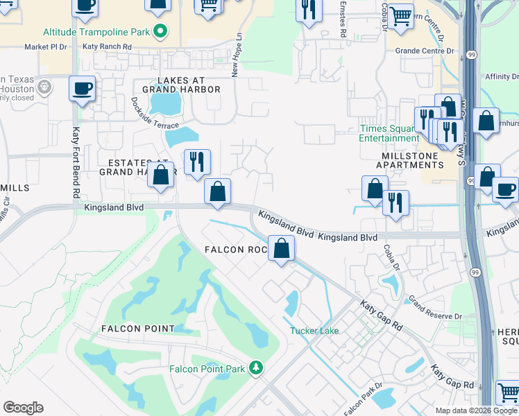 map of restaurants, bars, coffee shops, grocery stores, and more near 24102 Kingsland Boulevard in Katy