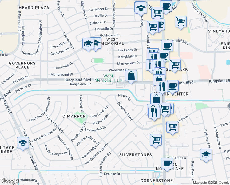 map of restaurants, bars, coffee shops, grocery stores, and more near 22222 North Fork Drive in Katy