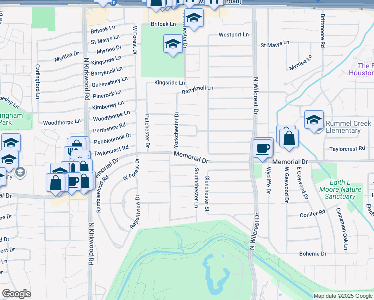 map of restaurants, bars, coffee shops, grocery stores, and more near 13623 Taylorcrest Road in Houston