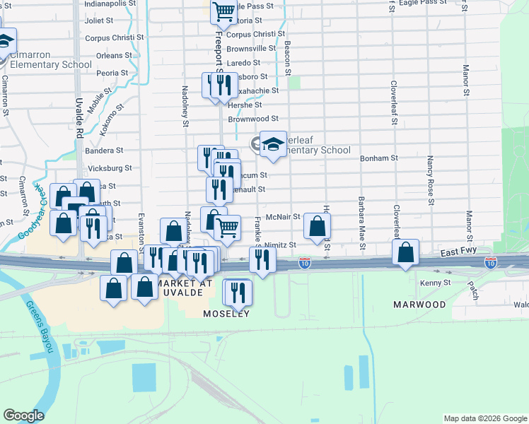 map of restaurants, bars, coffee shops, grocery stores, and more near 14029 McNair Street in Houston