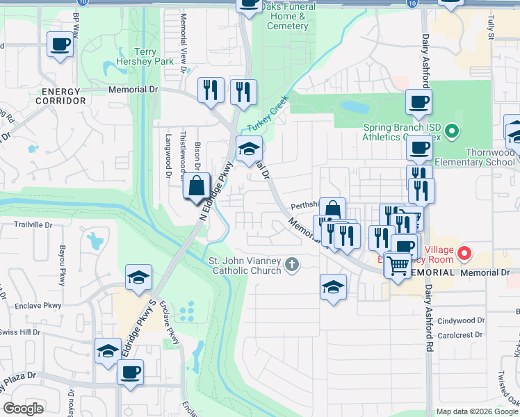 map of restaurants, bars, coffee shops, grocery stores, and more near 15011 Turkey Trail Court in Houston
