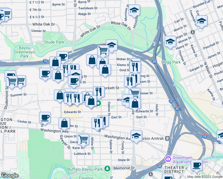 map of restaurants, bars, coffee shops, grocery stores, and more near 1715 Crockett Street in Houston