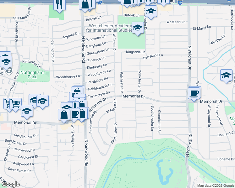 map of restaurants, bars, coffee shops, grocery stores, and more near 13803 Taylorcrest Road in Houston