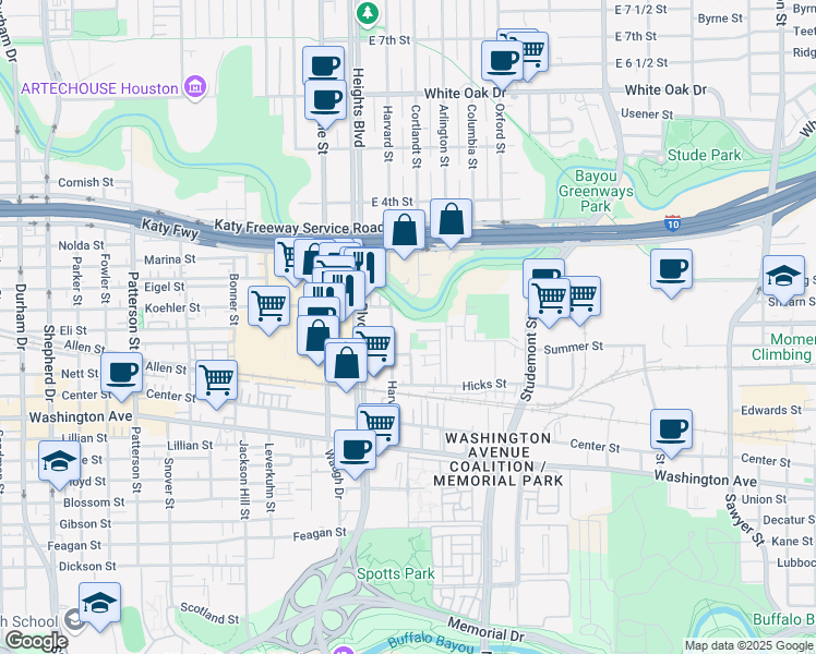 map of restaurants, bars, coffee shops, grocery stores, and more near 1439 Wagner Street in Houston