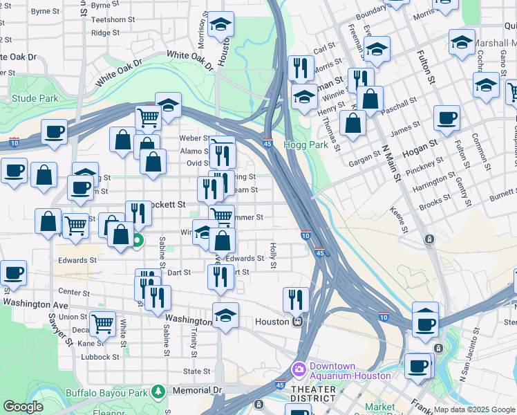 map of restaurants, bars, coffee shops, grocery stores, and more near 1715 Goliad Street in Houston