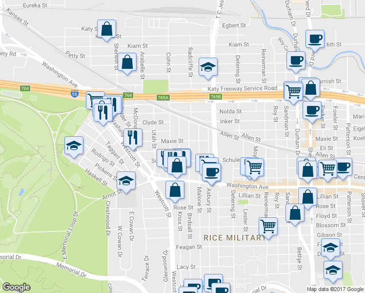 map of restaurants, bars, coffee shops, grocery stores, and more near 1414 Knox Street in Houston