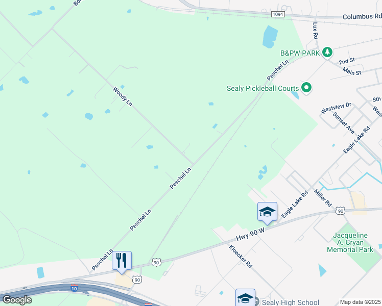 map of restaurants, bars, coffee shops, grocery stores, and more near 1158 Woody Lane in Sealy