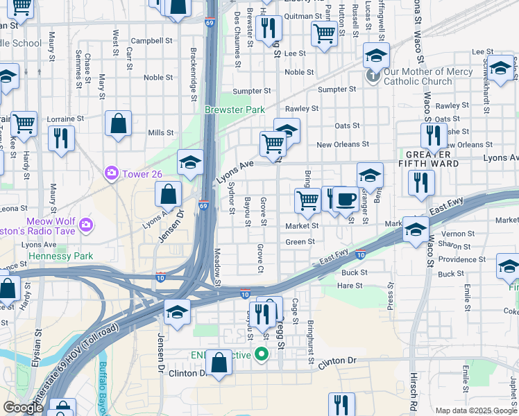 map of restaurants, bars, coffee shops, grocery stores, and more near 3215 Stonewall Street in Houston
