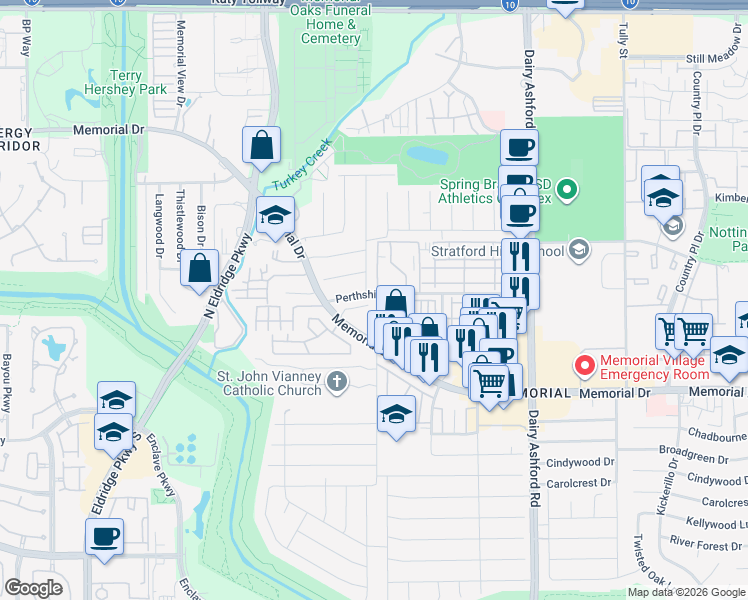 map of restaurants, bars, coffee shops, grocery stores, and more near 14855 Perthshire Road in Houston