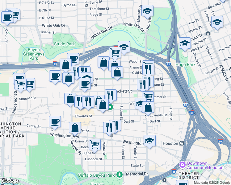 map of restaurants, bars, coffee shops, grocery stores, and more near 1817 Crockett Street in Houston