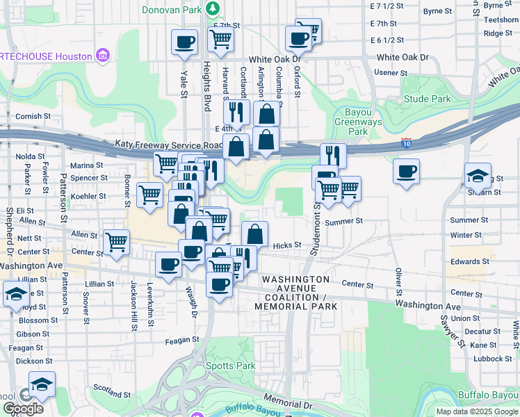 map of restaurants, bars, coffee shops, grocery stores, and more near 1401 Lakin St in Houston
