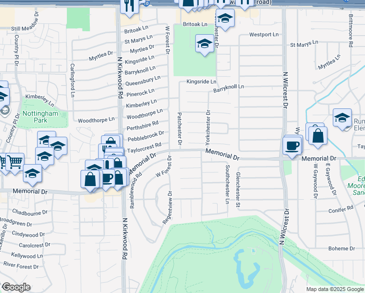 map of restaurants, bars, coffee shops, grocery stores, and more near 502 Patchester Drive in Houston