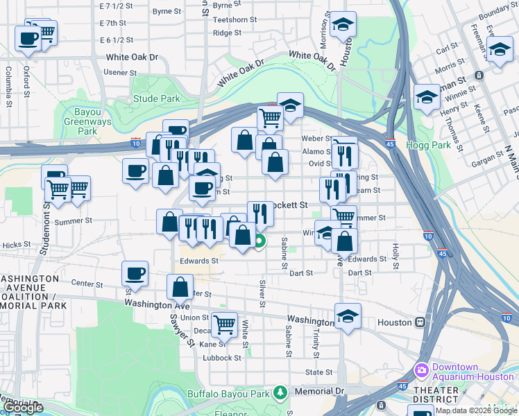 map of restaurants, bars, coffee shops, grocery stores, and more near 1903 Crockett Street in Houston