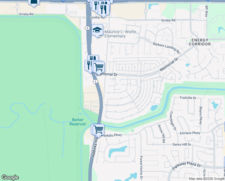 map of restaurants, bars, coffee shops, grocery stores, and more near 1106 Fleetwood Place Drive in Houston