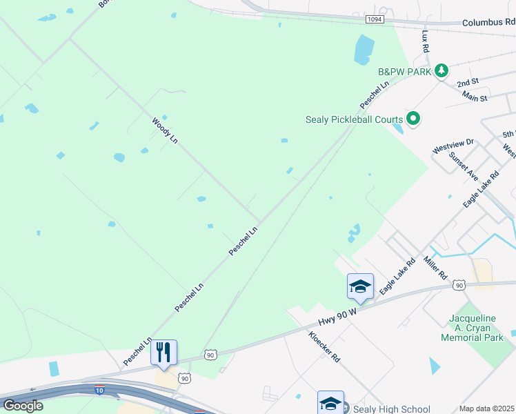 map of restaurants, bars, coffee shops, grocery stores, and more near 1158 Woody Lane in Sealy
