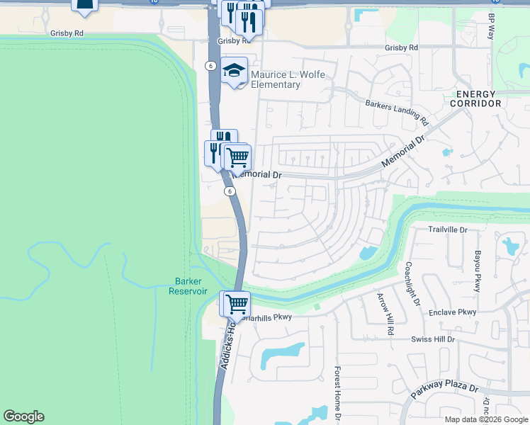 map of restaurants, bars, coffee shops, grocery stores, and more near 1106 Fleetwood Place Drive in Houston