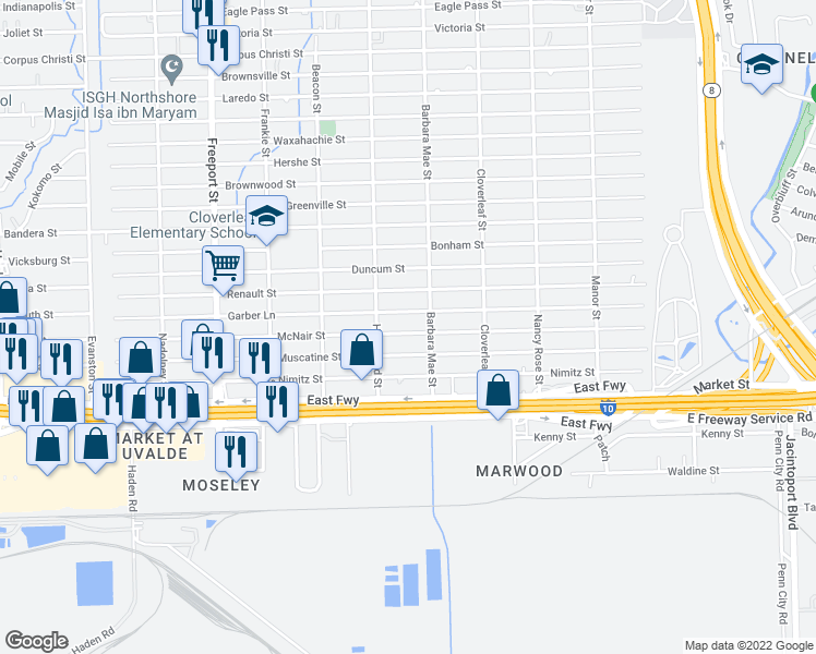 map of restaurants, bars, coffee shops, grocery stores, and more near 14217 McNair Street in Houston