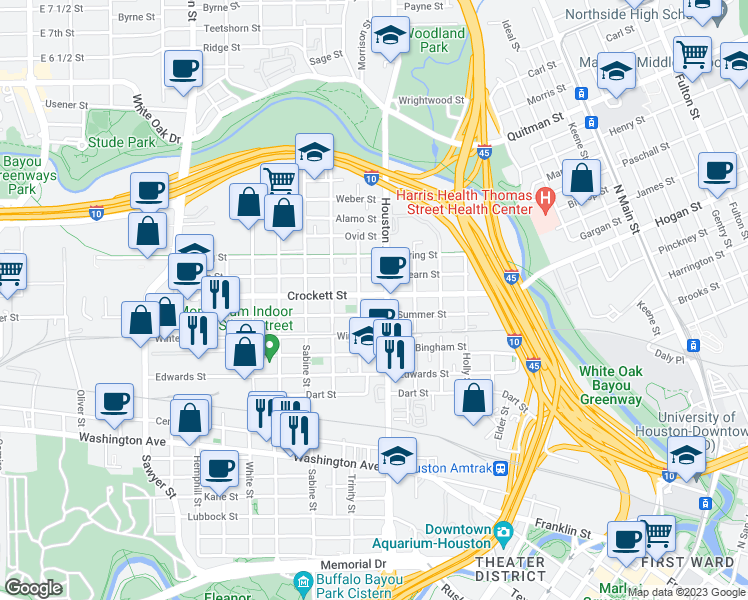 map of restaurants, bars, coffee shops, grocery stores, and more near 1509 Crockett Street in Houston