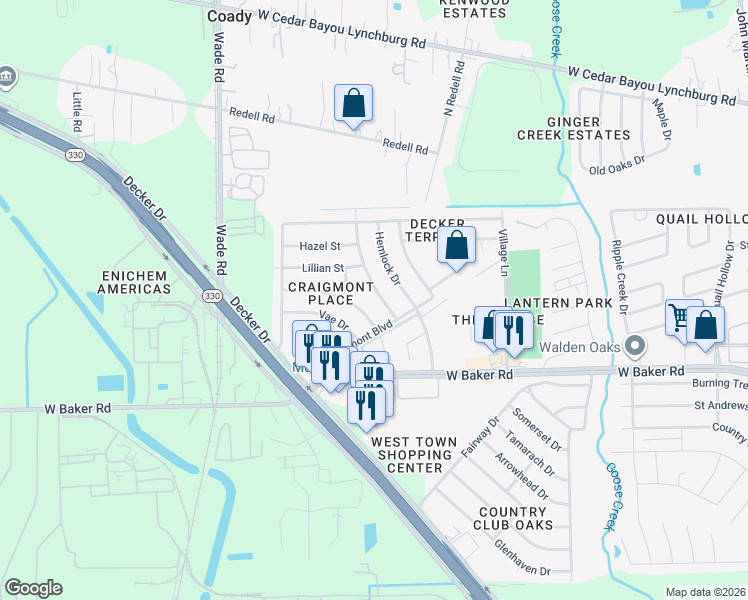 map of restaurants, bars, coffee shops, grocery stores, and more near 5311 Lorraine Drive in Baytown