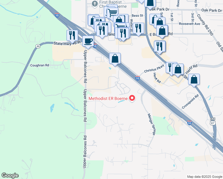 map of restaurants, bars, coffee shops, grocery stores, and more near 1150 Grand Boulevard in Boerne